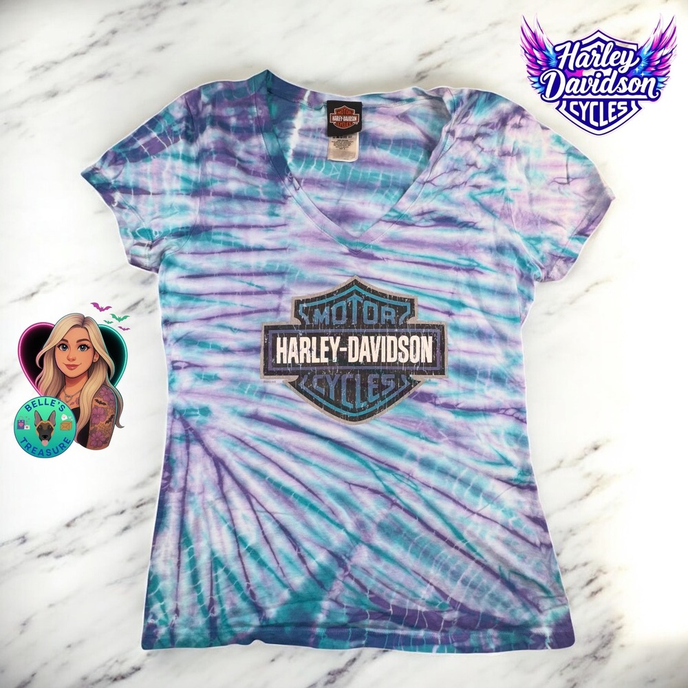 Harley Davidson Tie Dye V Neck T Shirt Womens Medium Purple Blue Motorcycles Y2K